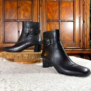Nine West Black Genuine Leather Side Buckle Side Zipper Block Heel Bootie